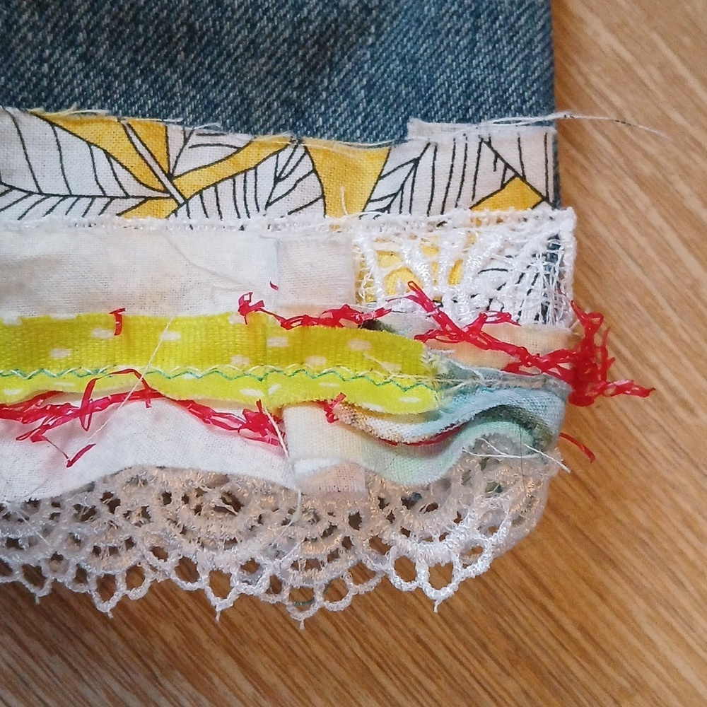 Upcycled Denim Crossbody Bag Handmade with Floral Trim Jeans Patchwork Trim - Picture 9 of 13
